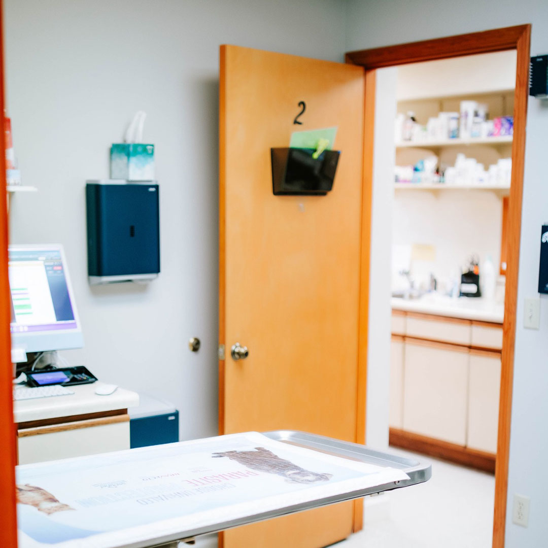 an empty medical examination room with an open door